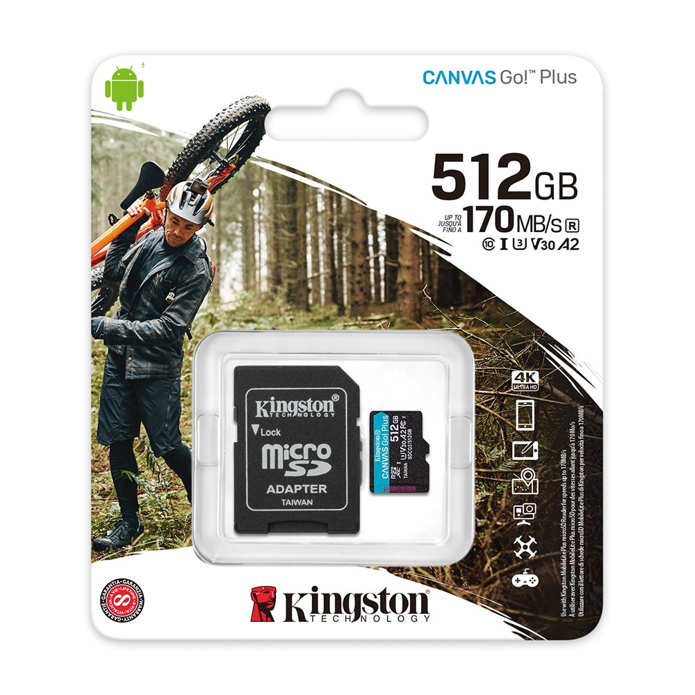 Tarjeta micro sd flash Kingston Canvas Go Plus 512GB 170MB/s R clase 10