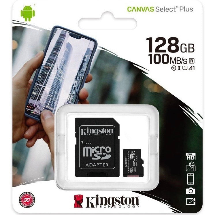 MICRO SD + ADAPTADOR 128GB KINGSTON CLASE 10 CANVAS PLUS