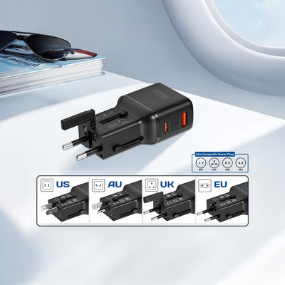 Cargador adaptador universal de viaje Promate 35W TriPlug Dual Usb-A/Usb-C