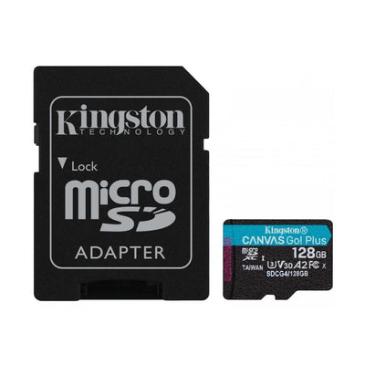 Micro SD + Adaptador Kingston 128GB 200mb/s Canvas Go Plus A2 U3 V30 Gen4