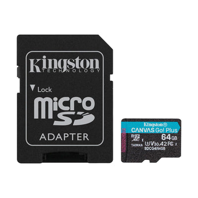 Micro SD + Adaptador Kingston 64GB 200mb/s Canvas Go Plus A2 U3 V30 gen 4
