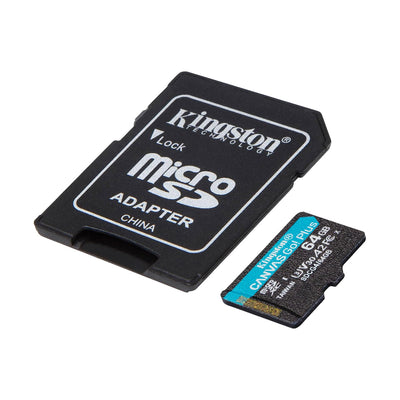 Micro SD + Adaptador Kingston 64GB 200mb/s Canvas Go Plus A2 U3 V30 gen 4